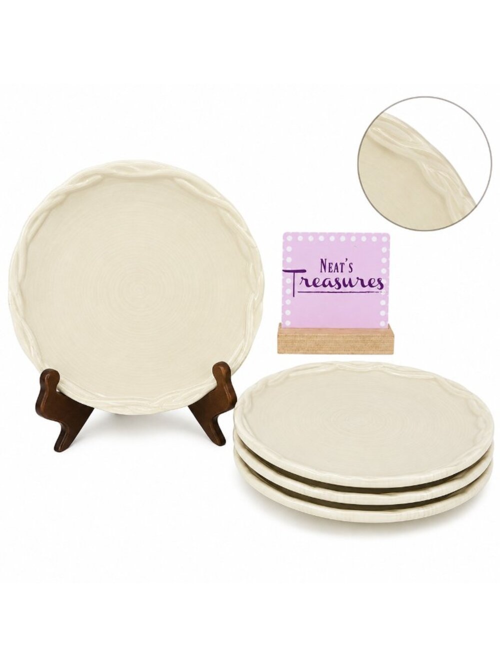 Tracy OCTAVIA HILL Solid Cream Twisted Rope Edge Ceramic 8" Salad Plates Set 4